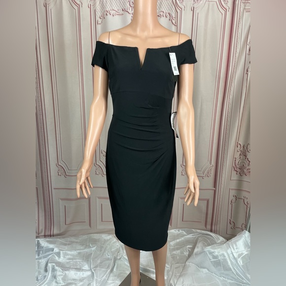 XSCAPE Womens Black Notched Neckline Short Sleeve Off Sheath Dress 6 Small NEW - Picture 4 of 15